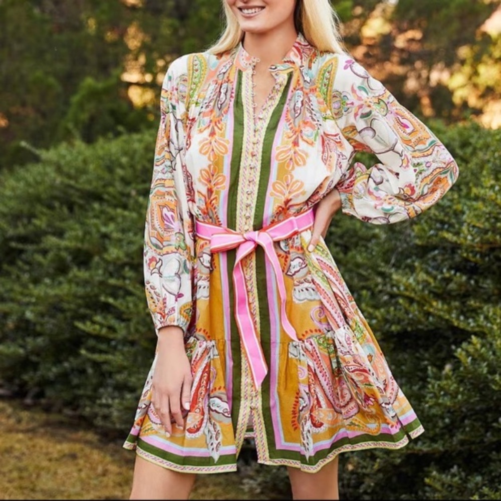 ANTONIO MELANI Brynn Paisley Colorful Print Cotton Long Sleeve Shirt Dress